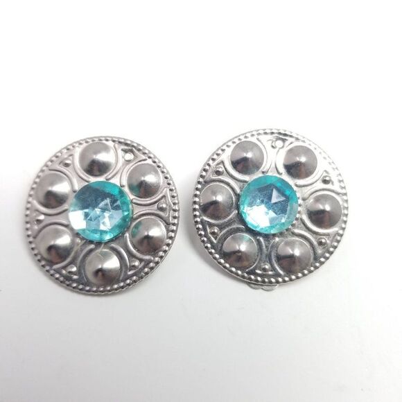 Vintage Retro Blue Cabochon and Silver Tone Clip On Earrings, 80s Style - Picture 1 of 5